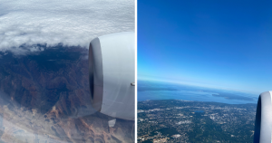 Image of clouds of grand canyon from plan window and view of land and water flying into Washington from plane window.