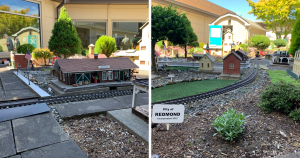 Miniature buildings in the resident garden railroad