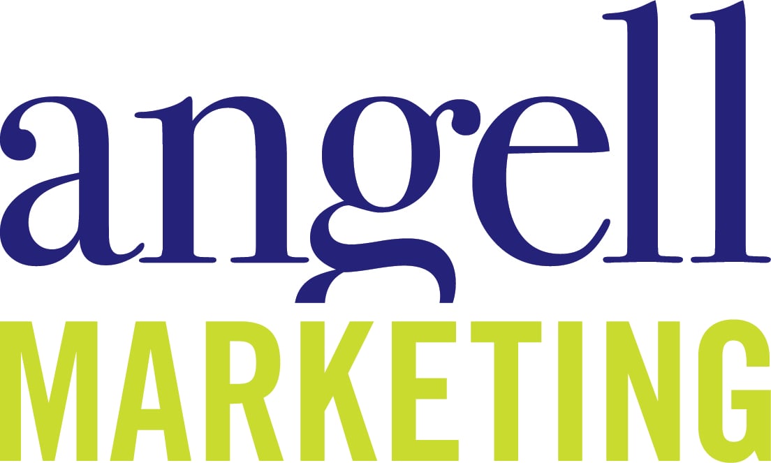Blue lowercase text above lime-green uppercase text reading MARKETING.