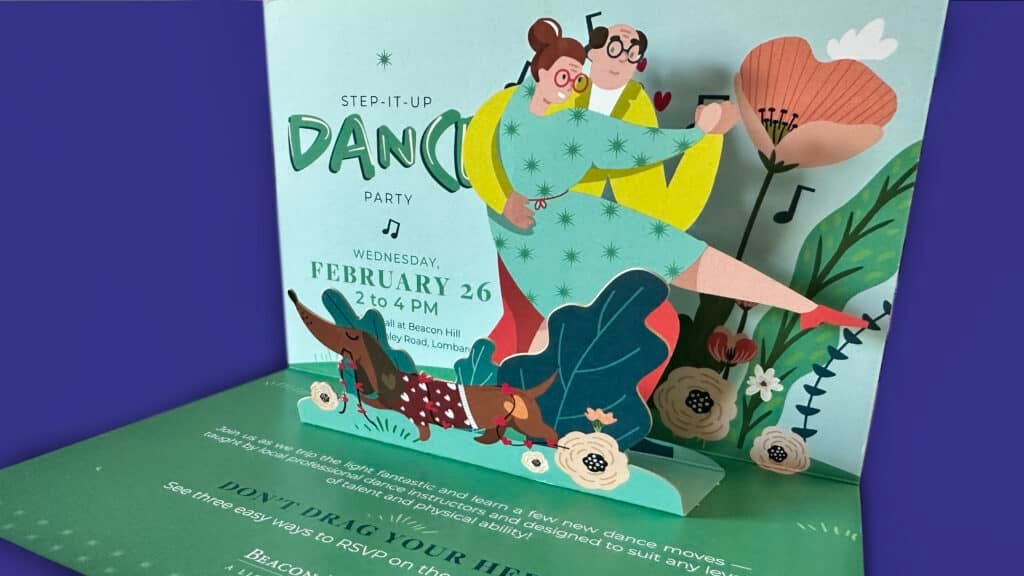 Colorful pop-up dance party invitation featuring cartoon characters dancing on a bright green platform.