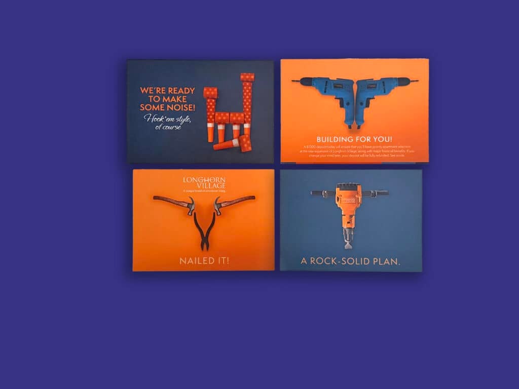 A 2x2 grid of orange and blue posters featuring bold typography and illustrated figures.