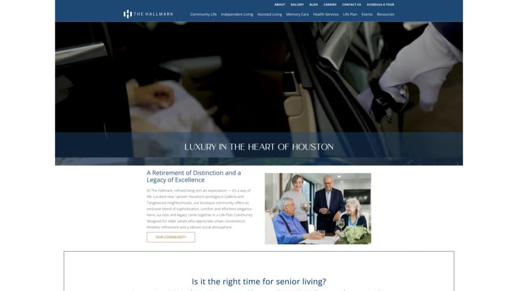 Screenshot of a senior-living website with a blue header, a hero image featuring seniors, and a section displaying the headline “Is the right time for senior living?”.