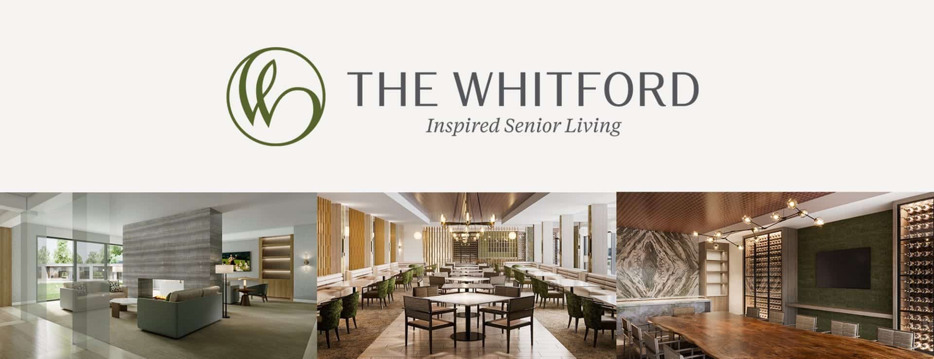 Logo for The Whiteford with the tagline Inspiring Senior Living, featuring a collage of modern lounge, dining, and lobby interiors.