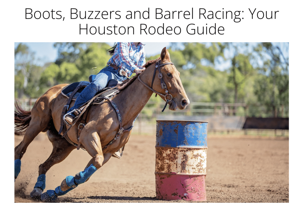 Horse and rider barrel racing around a colorful barrel in a dusty rodeo arena.