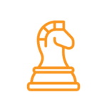 White knight chess piece icon with an orange outline on a black background.