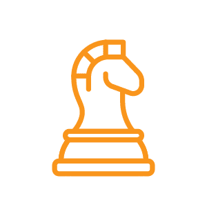 White knight chess piece icon with an orange outline on a black background.