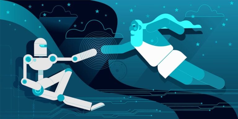 Stylized blue illustration of a white robot reaching out to a floating blue swimmer against a starry, wavy backdrop.